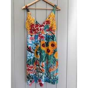 Jams World Dress M Medium Doyle Fit Flare Sunflower Print V-Neck Rayon